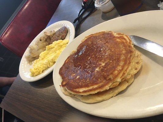 Pancake home fries and scrambled eggs