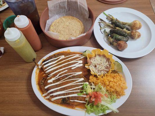 Mary's Mexican Grill, Chili Rellenos with refried beans, rice, and a side order of fresh grilled jalapeños and onions.