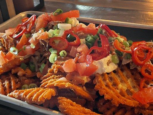 Sweet potato pulled pork waffle fry nachos!