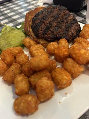 Charbroiled burger and tots