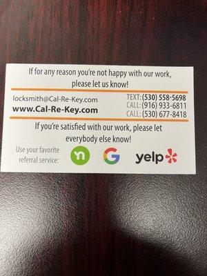 Business card for California Re-Key