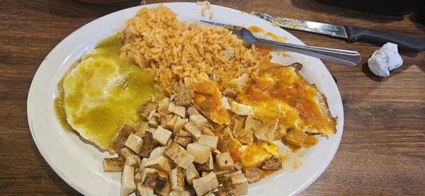 Huevos Rancheros, rice, potatoes