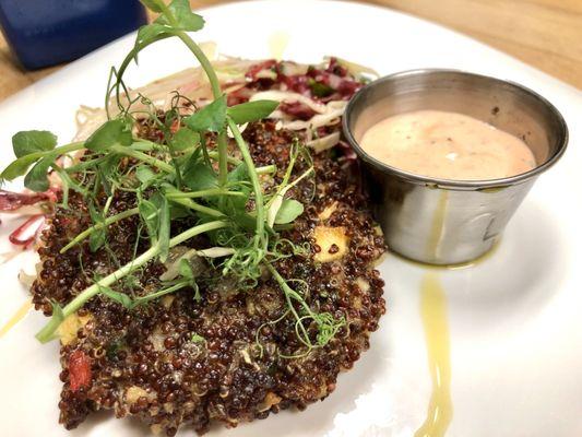 Red Quinoa cake with apple and pepper spicy slaw and roasted red pepper aioli