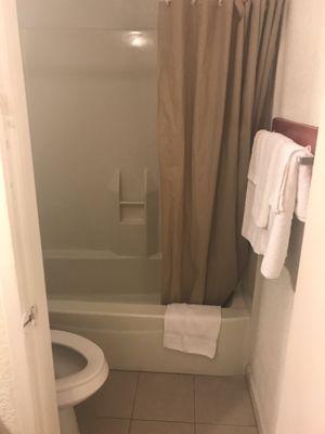 Very clean bathroom, great water pressure and soft water.