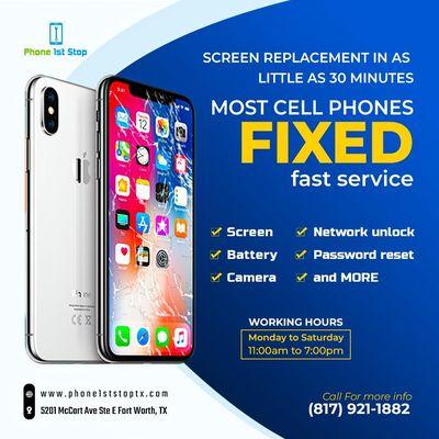 Samsung and iPhone cellphones repairs done same day, most in under 1 hour.