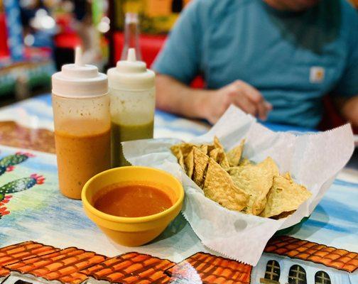 Chips salsa & two hot sauces Ole! :)...