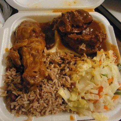 Brown stew chicken-- roti was out of stock and substituted with rice and peas and cabbage.