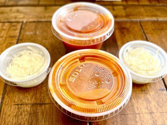 Nice touch of dipping sauces for pizzas (with extra Parmigiano Reggiano)!