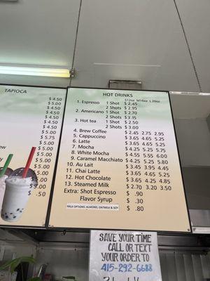 Hot drinks menu