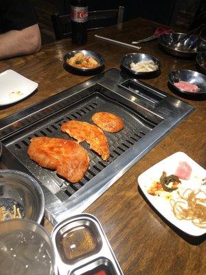 Spicy chicken. It is now only sushi and all you can eat Korean BBQ