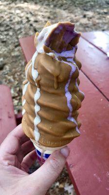 Soft serve black raspberry and coffee twist - peanut butter dipped