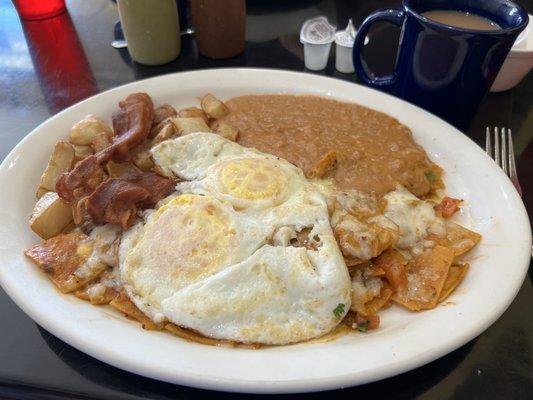 Chilaquiles Rojas with over easy egg