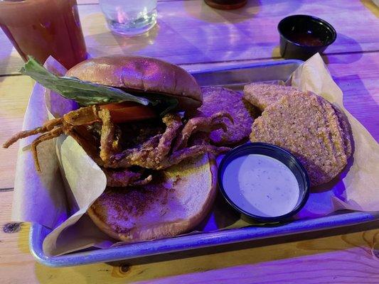 Soft shell crab sandwich and fried green tomatoes