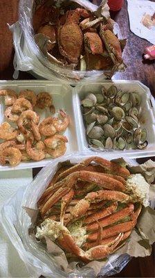 Blue crabs, clams, shrimp, and snow crab legs