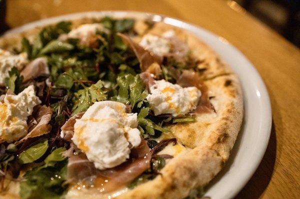 No. 4 Pizza - proscuitto, smoked burrata, herbs, ember oil