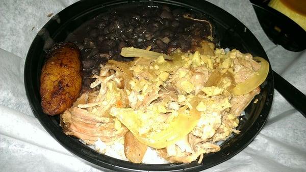 Roast pork bowl -  comes with white rice, Cuban black beans, and 2 sweet plantains.