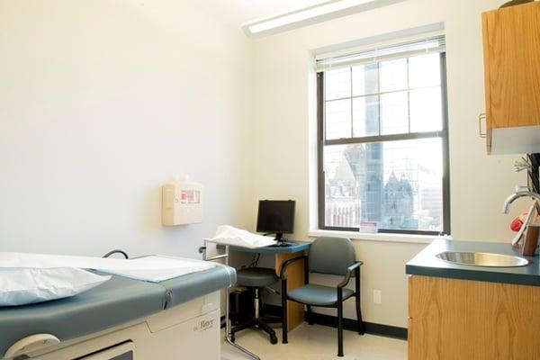 An exam room overlooking Copley Square.