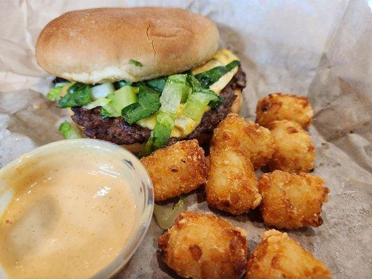 Single with cheese, and tots