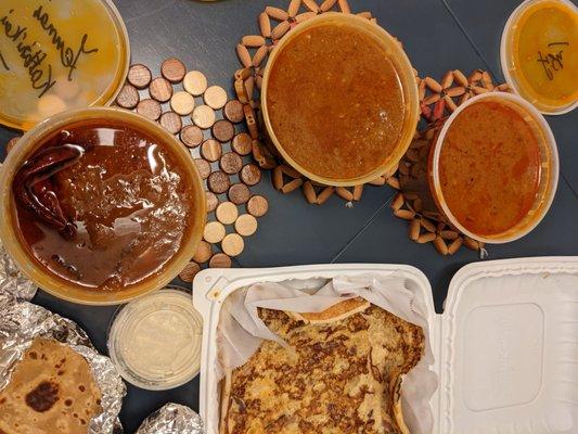 Mutton kuzhambu, madurai Kari dosa, fish curry, yennai kathrikai (eggplant), chapati, paratha