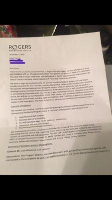 First page of the letter I got from Rogers Leadership about the investigation they did as a result of my 8+ grievances.