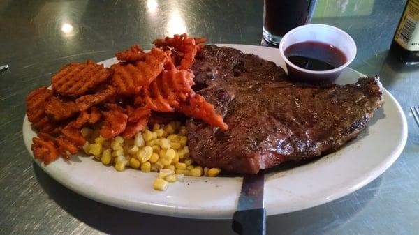 Porterhouse, sweet potato waffle fries and, um, canned corn.  :)