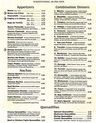 Menu - Appetizers, nachos, combinations, and quesadillas