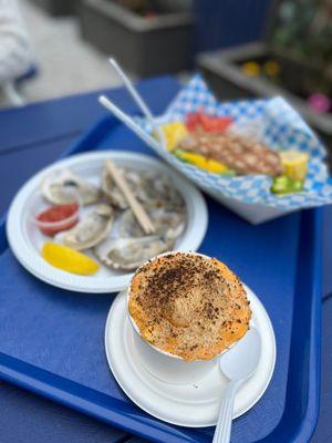 Mac and cheese (front); oysters (middle); seared tuna (back).