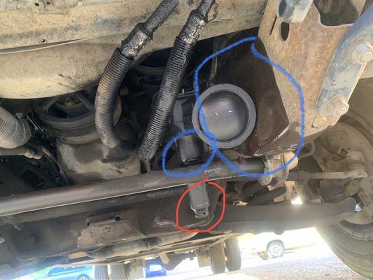 red circle is the socket left on I think 32 mm and blue is actively leaking power-steering fluid. The owner backed up his mechanic on this