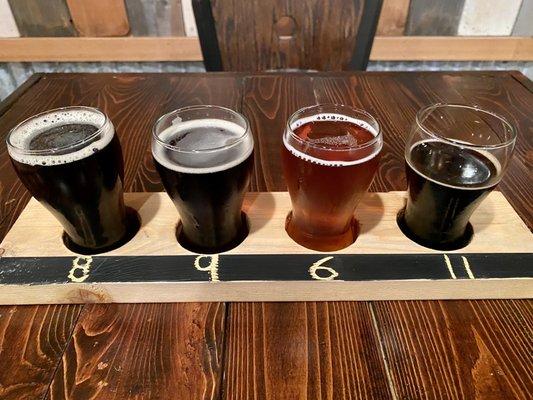 flight #8 Barghest English porter, #9 Kobold black lager, #6 Karnstein amber lager, #11 Hans Trapp Bourbon Barrel Imperial Stout.