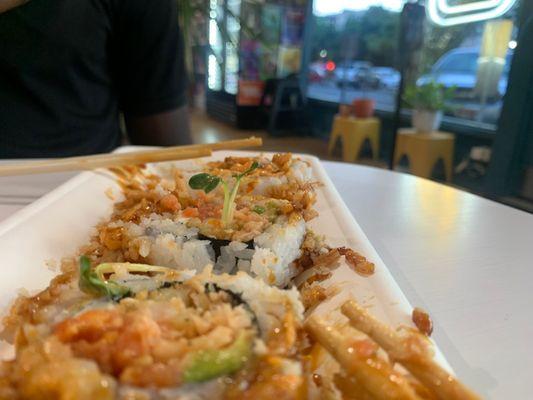 Sushi - I think this one had shrimp and crab with crunch on top. W/ added spicy mayo