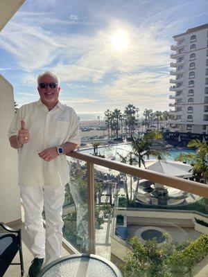 Enjoying the views of HB at the Hilton with my recently altered shirt that was finished on time!