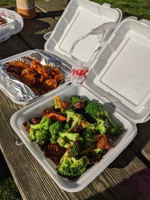 Broccoli beef and orange chicken