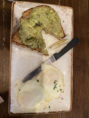 Avocado toast and basted eggs.