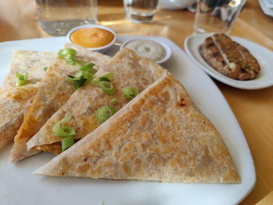 Pierogi quesadilla w/ side of blackened chik'n