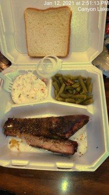 BBQ ribs, potato salad and green beans.