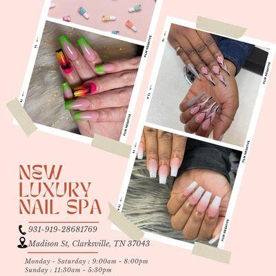 __Luxury Nail Spa__
Business hours:
Monday - Saturday: 9:00AM - 8:00PM
Sunday: 11:30AM - 5:30PM