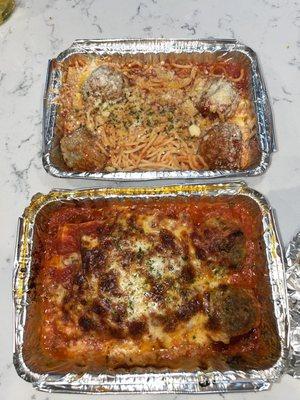 Spaghetti with Meatballs & Lasagna. Enough for 2 meals in each box!