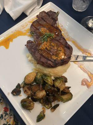 Grilled Ribeye, garlic Potatoes and Brussel sprouts