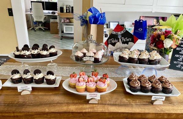 Cookies & Cream, Strawberry Lemonade, Red Velvet, and Chocolate, and my daughter's Rocky Horror mortar board decor as a backdrop. Lol!