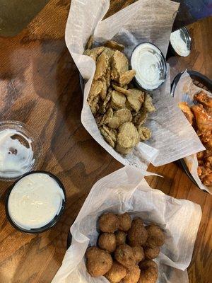 Fried pickles and fried mushrooms, his home