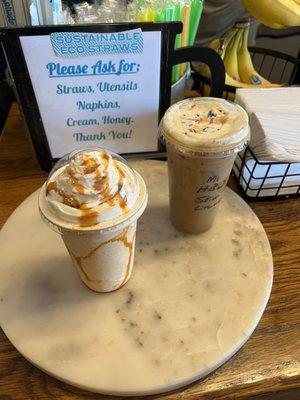 Pumpkin spice frappe and Happy Birthday Latte iced