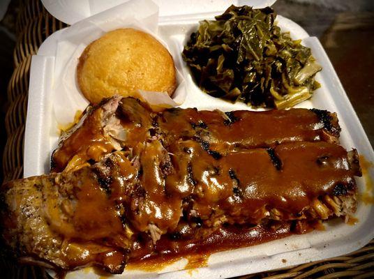 Mild barbecue spareribs with collard greens and cornbread muffin.