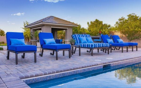 Chaise Lounges in Elite Collection with True Blue and Milano Cobalt (striped) Sunbrella fabrics.