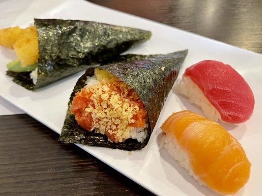 Shrimp Tempura and Spicy Tuna Hand Rolls, and Salmon and Tuna Nigiri