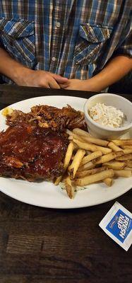 Bbq ribs, pulled pork, fries, and coleslaw