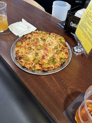 Hot Hawaiian- pineapple, Canadian bacon and jalapeños- hot but flavors worked well together