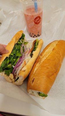 Veggie Sandwich Watermelon Milk Tea with Boba