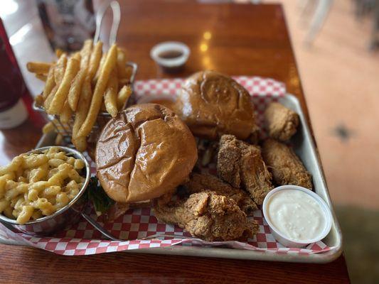 Fried Chicken Thigh and BURNT END BRISKET SANDWICH with Mac and cheese and fries