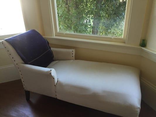 Before - lumpy chaise, stained fabric.