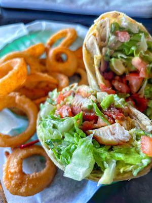 Grilled chicken avocado BLT wrap with Onion Rings